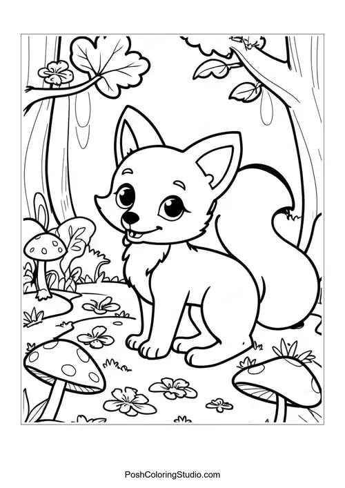 A fox standing in a forest with trees around.