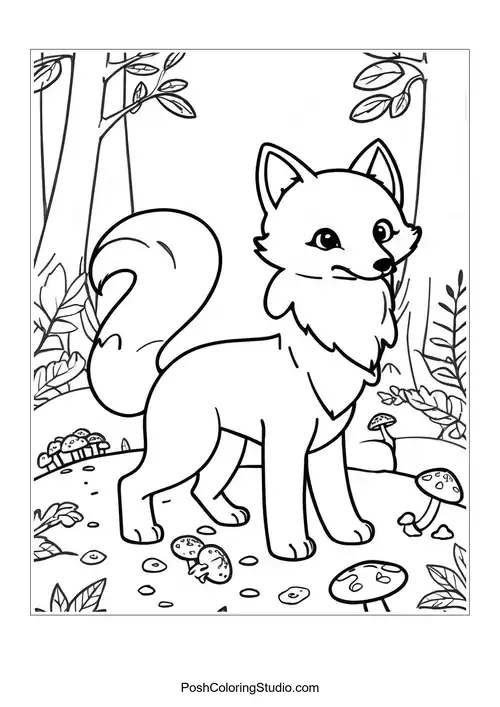 A fox walking through a forest with trees.