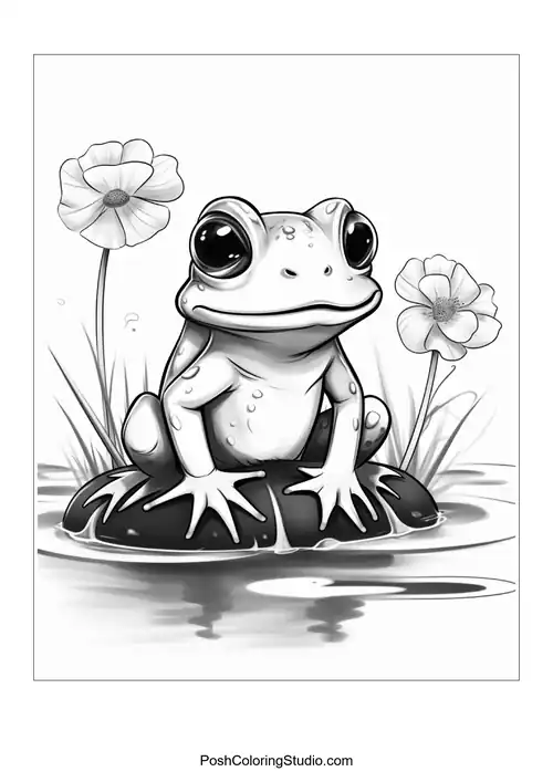 A frog sits on a mushroom with a whimsical pose.