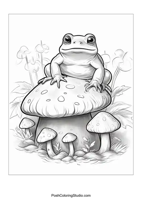 A frog sits calmly on a rock with a peaceful expression.