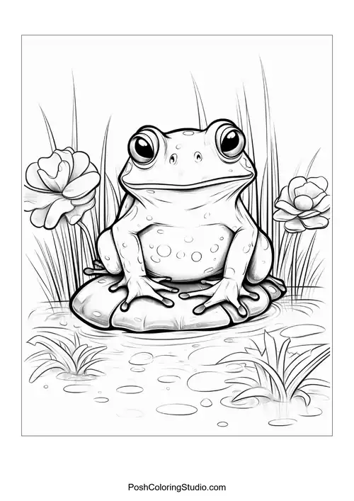 A frog sits on a stack of books with a curious gaze.