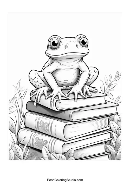 A frog reads a book with a cheerful expression.