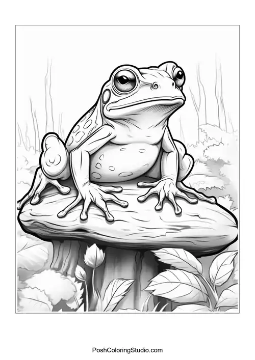 A frog sits on a rock with a serene expression.