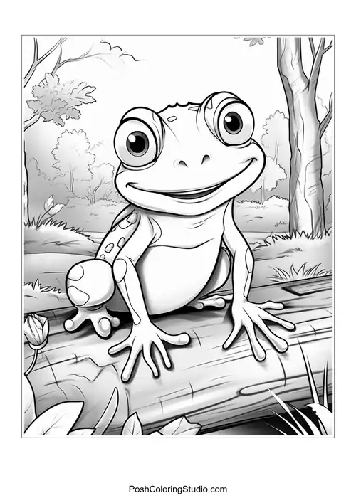 A frog sits on a log with a thoughtful gaze.