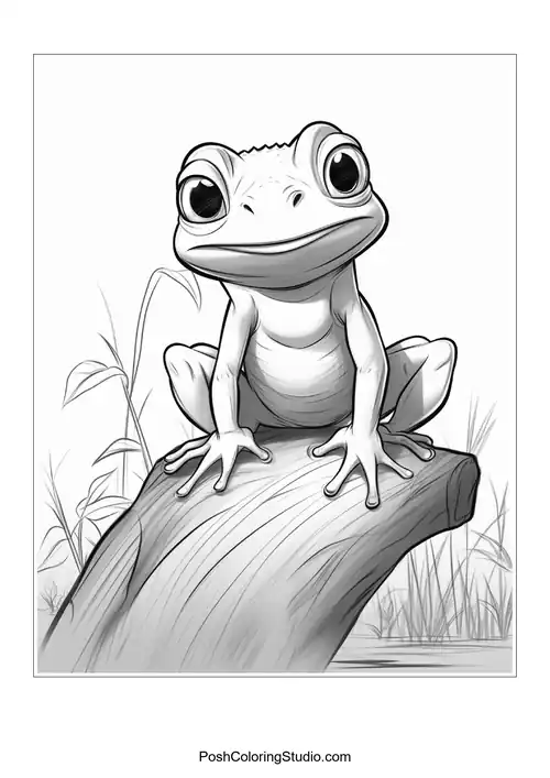 A frog sits on a rock with a gentle smile.