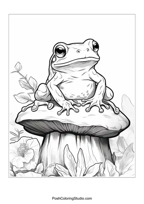 A frog sits on a rock with a curious expression.