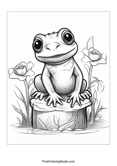 A frog perches on a log surrounded by flowers.