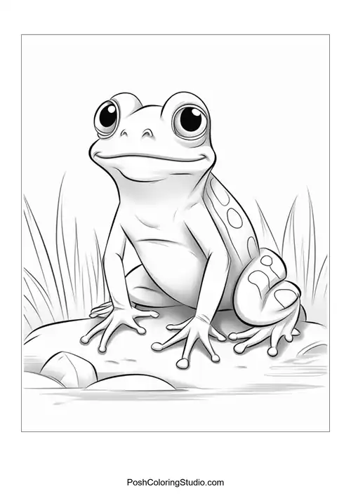 A frog sits on a rock with a relaxed demeanor.