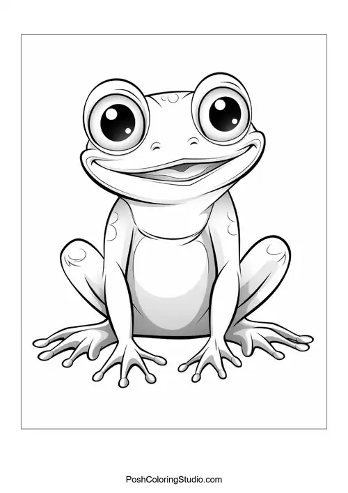 A frog sits on a rock with a cheerful smile.