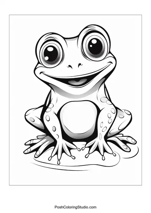 A frog sits on a rock with a gentle smile.