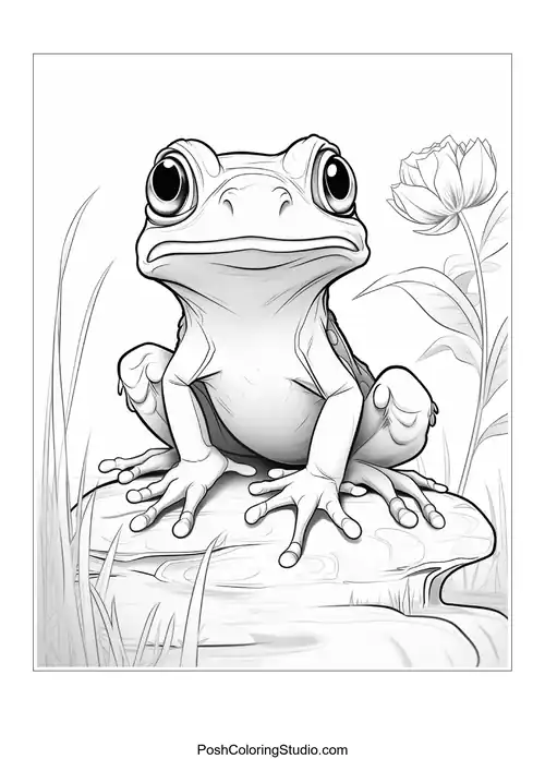 A frog sits on a rock with a cheerful expression.
