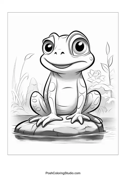 A frog sits on a rock with a thoughtful gaze.
