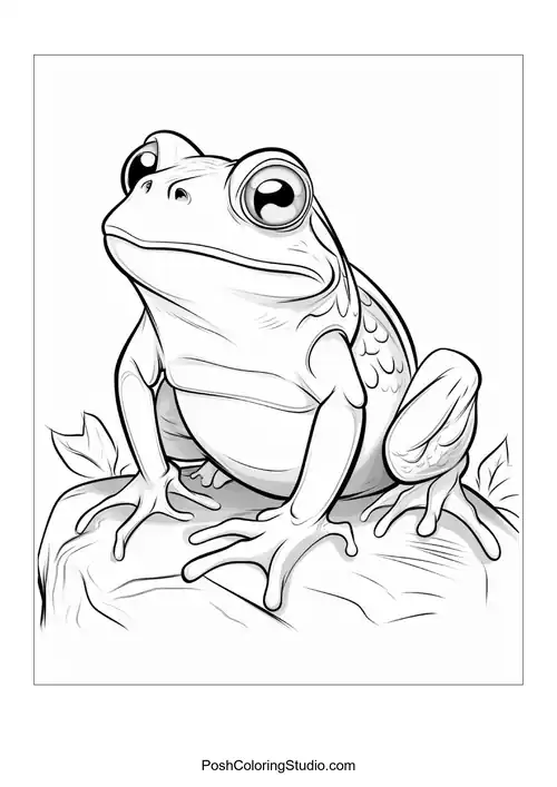 A frog sits on a log with a curious look.