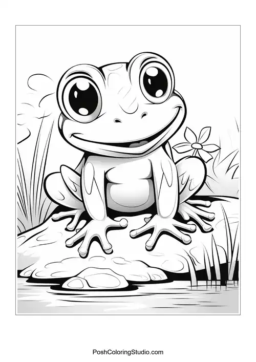 A frog sits on a rock near a pond with plants.