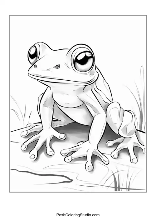 A frog sits on a rock with a thoughtful expression.