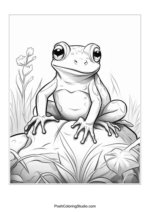 A frog sits on a rock with a cheerful smile.