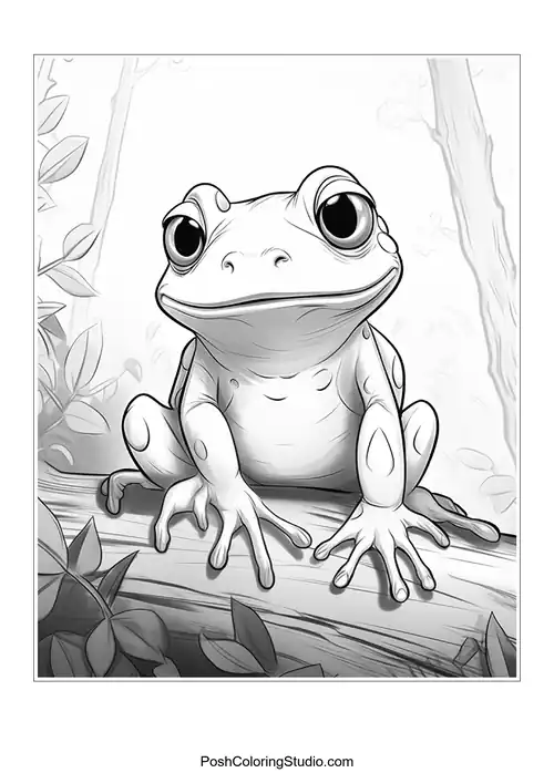 A frog sits on a rock with a gentle smile.