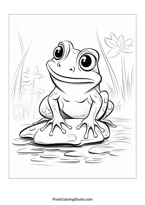 A frog sits on a rock with a cheerful expression.