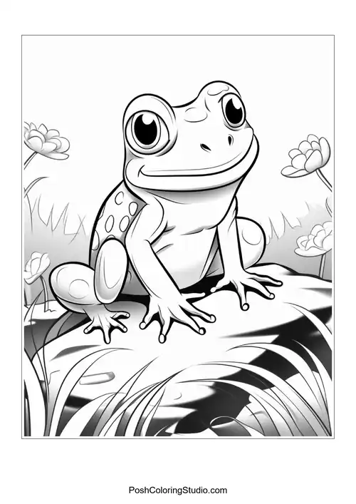 A frog sits on a rock with a whimsical pose.