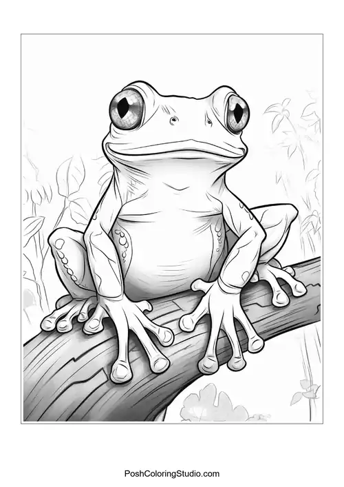 A frog sits on a rock with a cheerful smile.