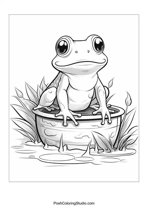 A frog sits on a rock with a thoughtful gaze.