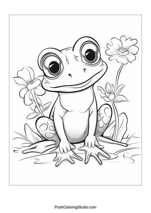 A frog sits among flowers with a friendly smile.