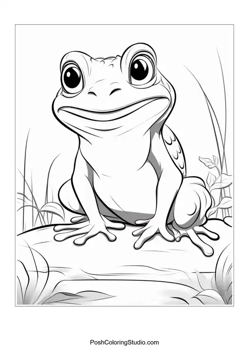 A frog sits on a rock with a cheerful expression.