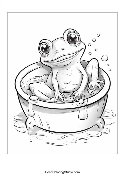 A frog sitting in a bowl with bubbles around it.