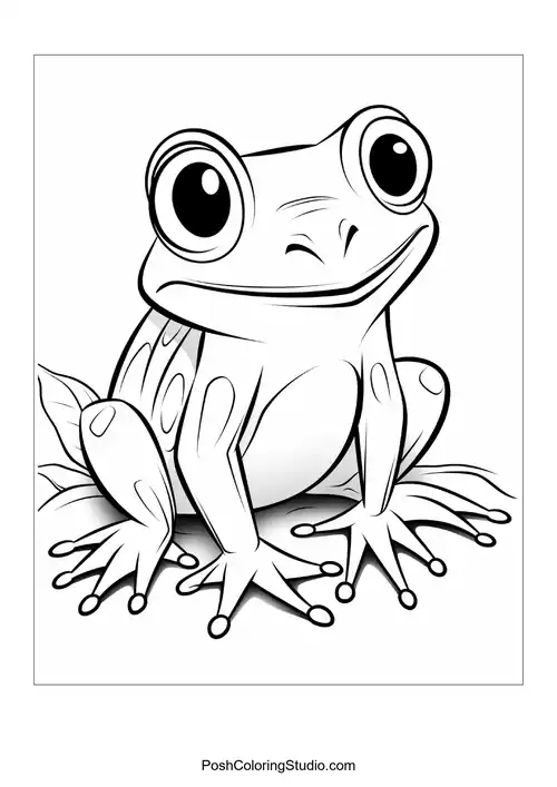 A frog sitting on a leaf with a content expression.