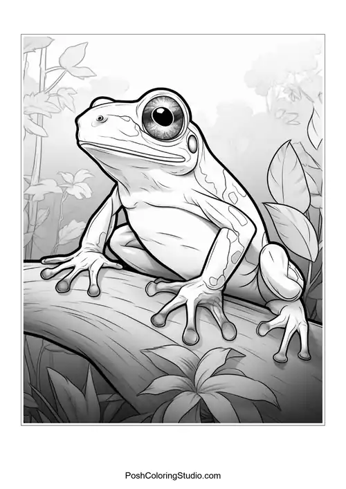 A frog rests on a branch with leaves around it.
