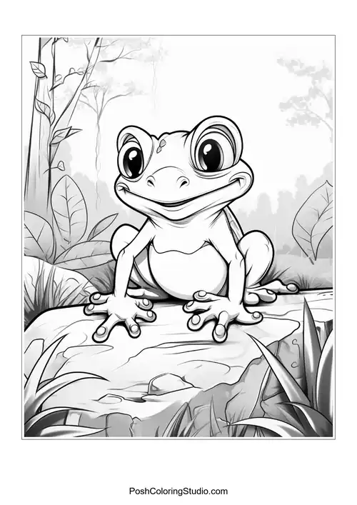 A frog perched on a rock in a forest setting.