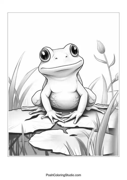 A frog sits on a rock in a serene pond setting.