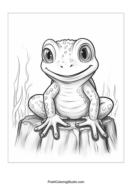 A frog sits on a stump with a cheerful expression.