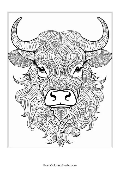 A highland cow with a textured mane and floral details.