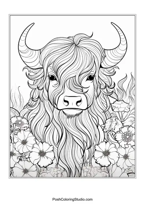 A highland cow with a flowing mane and floral decorations.