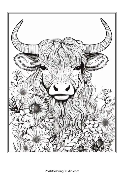 A highland cow with a detailed floral arrangement around its face.