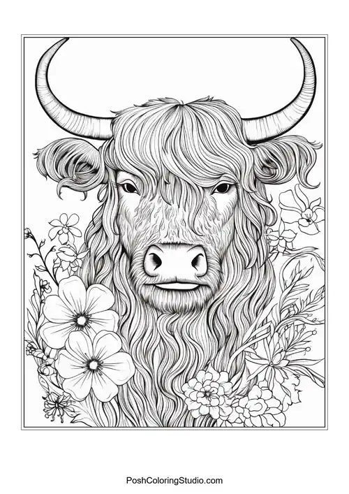 A highland cow surrounded by various flowers.