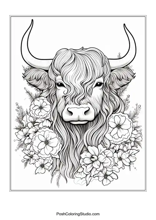 A highland cow with a detailed floral arrangement around its face.