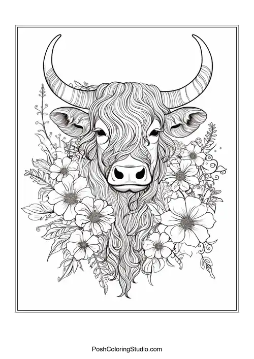 A highland cow with a flowing mane and floral accents.