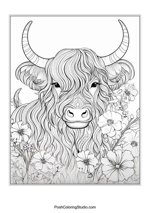 A highland cow with a flowing mane and floral accents.