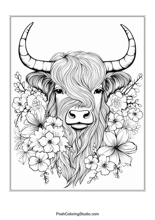 A highland cow with a detailed floral arrangement around its face.