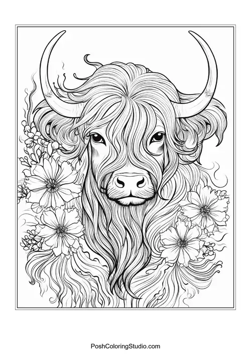 A highland cow with a textured mane and floral embellishments.
