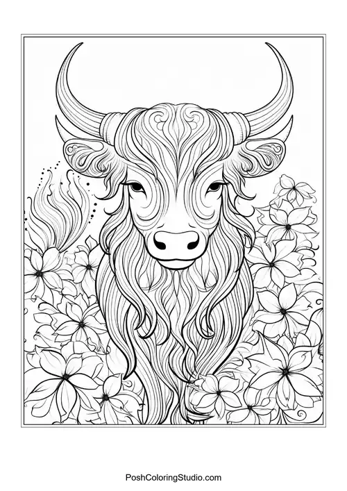 A highland cow with a wavy mane and floral details.