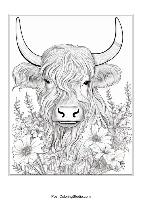 A highland cow with a prominent beard and floral accents.