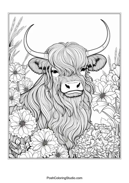 A highland cow with a textured mane and floral embellishments.