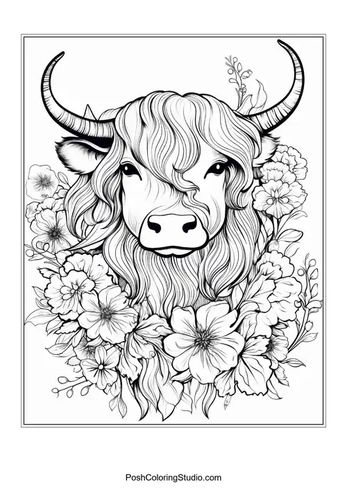 A Highland cow with a thick mane and a variety of flowers.