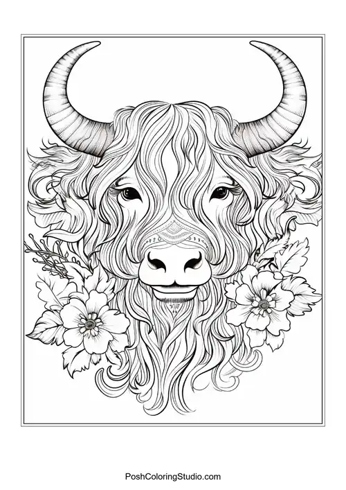 A highland cow with a prominent beard and floral embellishments.