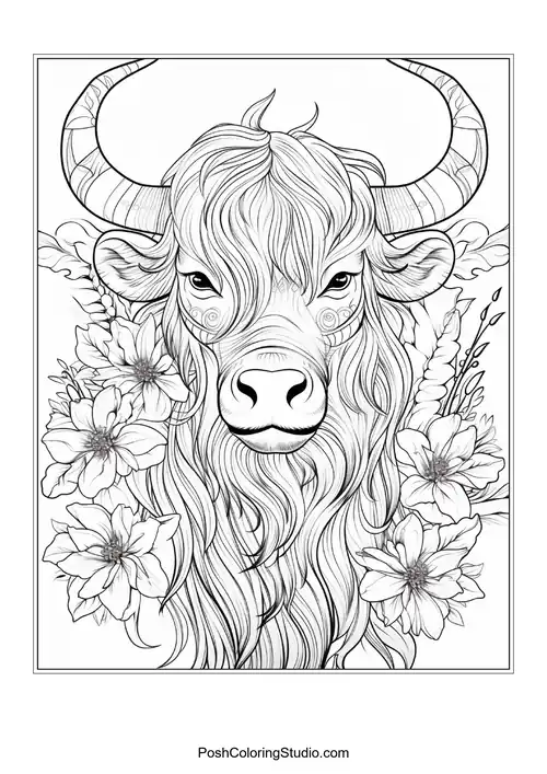 A highland cow with intricate floral designs around its head.