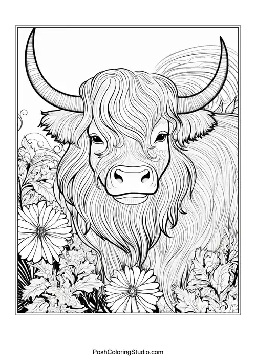 A highland cow with a thick mane and floral accents.