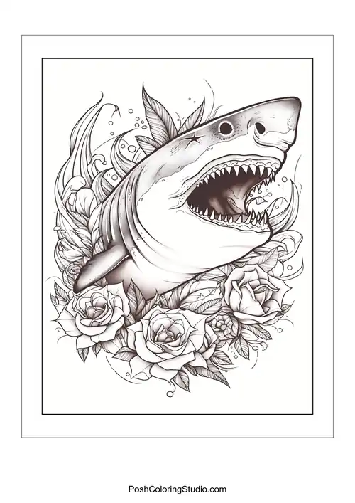 A shark's head surrounded by roses and decorative swirls.